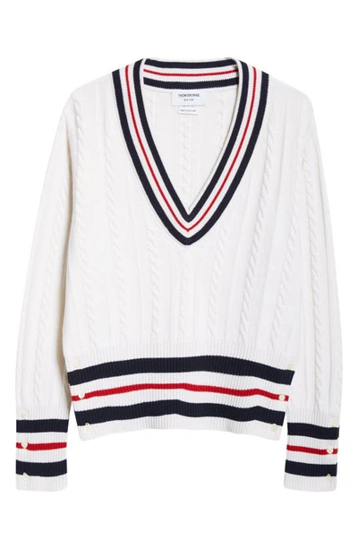 Shop Thom Browne Aran Cable Stitch Cashmere Sweater In White