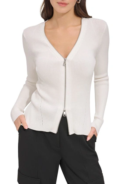 Shop Dkny Rib Zip Front Sweater In Ivory