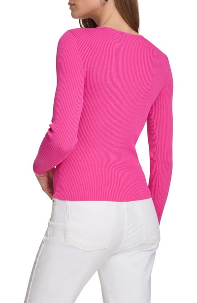 Shop Dkny Rib Zip Front Sweater In Shocking Pink