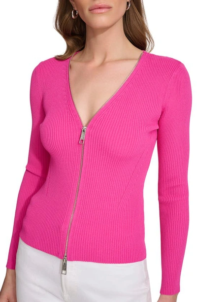 Shop Dkny Rib Zip Front Sweater In Shocking Pink