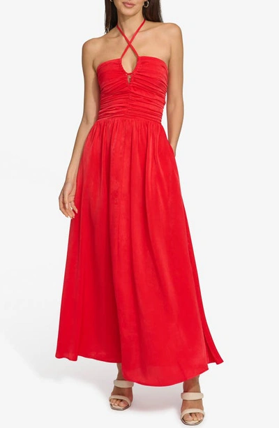 Shop Dkny Ruched Halter Satin Maxi Dress In Flame