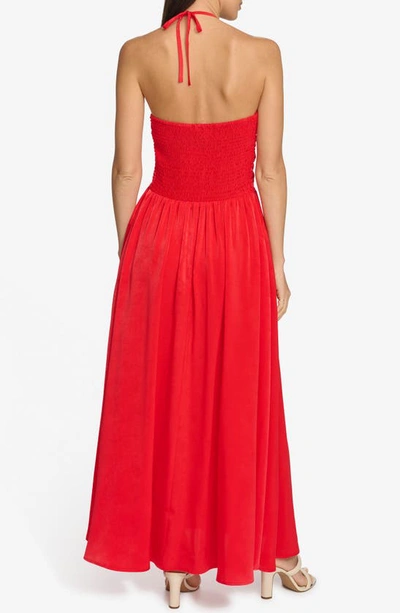 Shop Dkny Ruched Halter Satin Maxi Dress In Flame