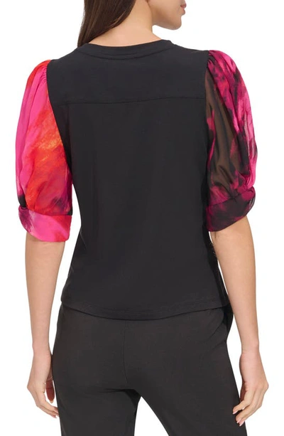 Shop Dkny Floral Puff Sleeve Top In Black/shocking Pink Multi
