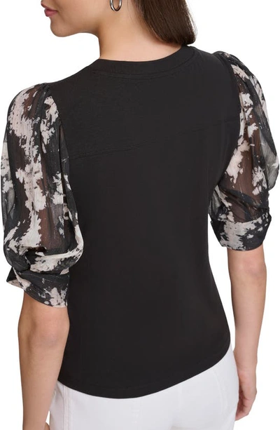Shop Dkny Floral Puff Sleeve Top In Black/pearl/ Ivory Multi