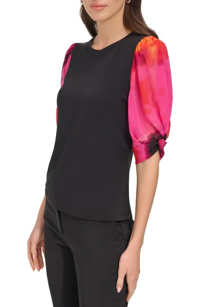 Shop Dkny Floral Puff Sleeve Top In Black/shocking Pink Multi