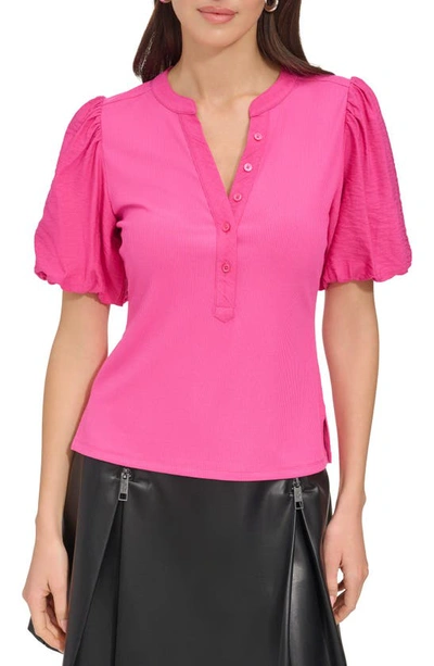 Shop Dkny Puff Sleeve Mixed Media Henley Top In Shocking Pink