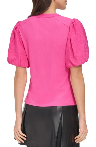 Shop Dkny Puff Sleeve Mixed Media Henley Top In Shocking Pink