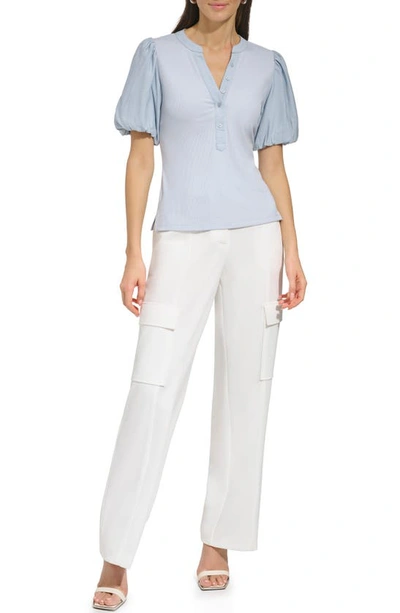 Shop Dkny Puff Sleeve Mixed Media Henley Top In Frost Blue