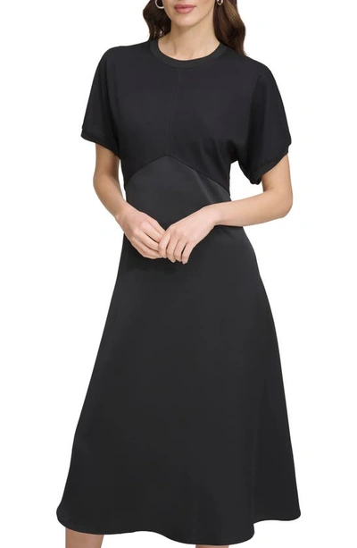 Shop Dkny Scuba & Satin A-line Midi Dress In Black/ Black