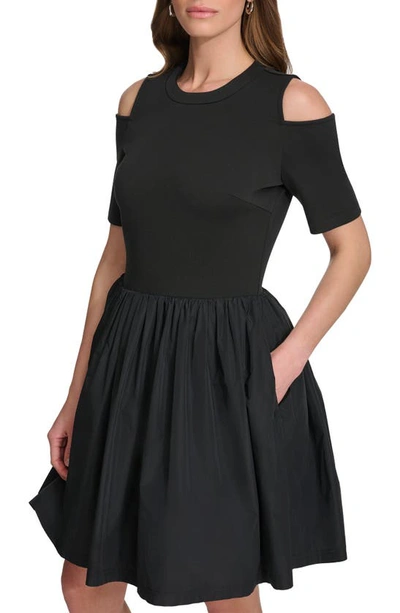 Shop Dkny Mixed Media Poplin Fit & Flare Dress In Black