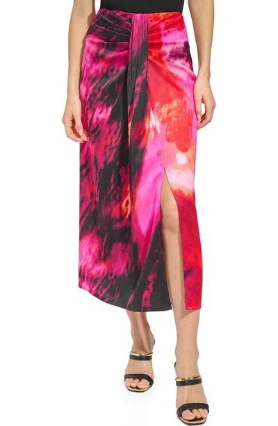 Shop Dkny Print Pleated Drape Midi Skirt In Shocking Pink Multi