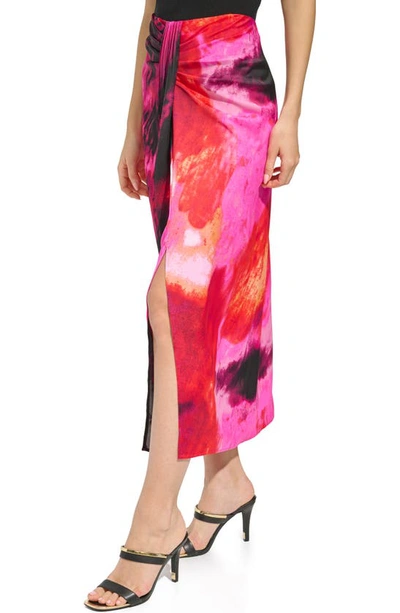 Shop Dkny Print Pleated Drape Midi Skirt In Shocking Pink Multi