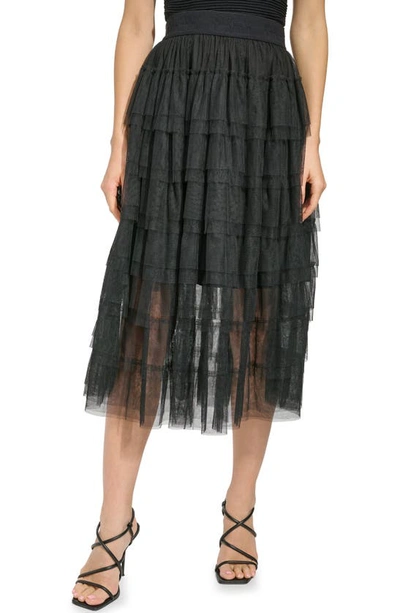 Shop Dkny Tiered Ruffle Tulle Midi Skirt In Black