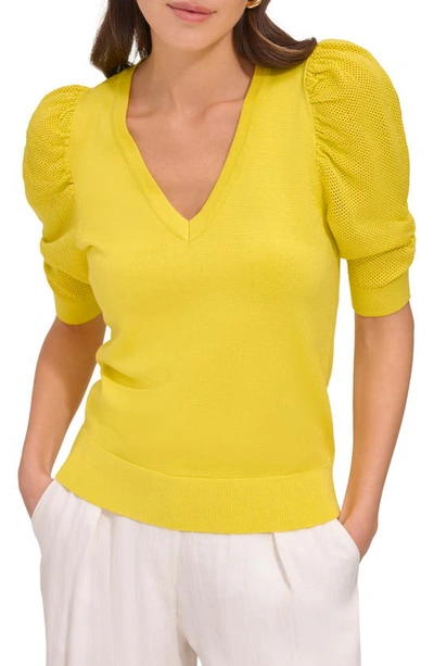 Shop Dkny Puff Sleeve V-neck Sweater In Fluoro Yellow