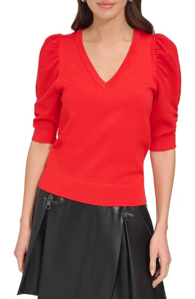 Shop Dkny Puff Sleeve V-neck Sweater In Flame
