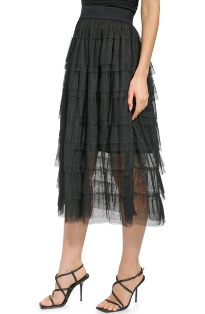 Shop Dkny Tiered Ruffle Tulle Midi Skirt In Black