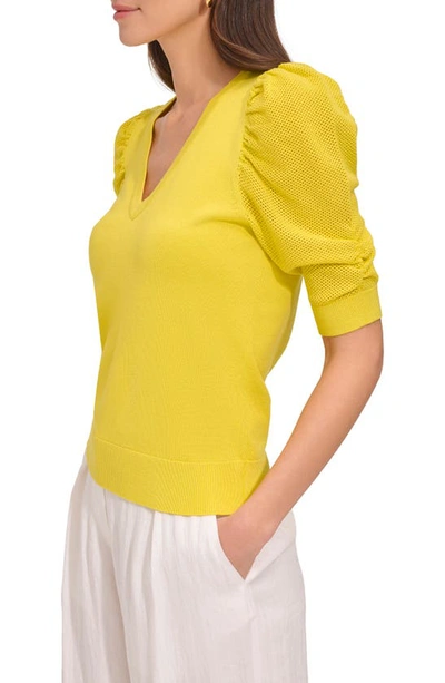 Shop Dkny Puff Sleeve V-neck Sweater In Fluoro Yellow