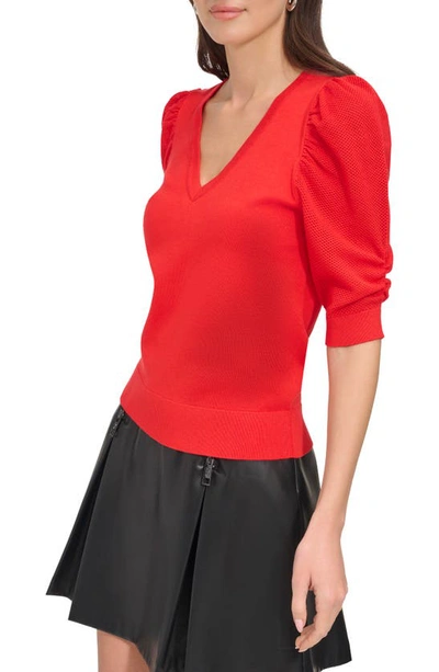 Shop Dkny Puff Sleeve V-neck Sweater In Flame