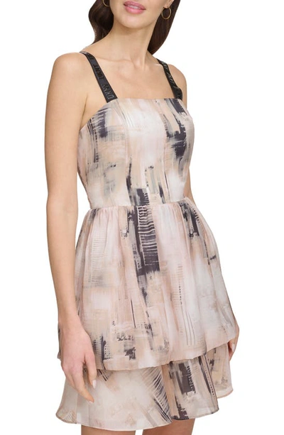 Shop Dkny Abstract Print Tiered Organza Dress In Ivory/ Sandalwood