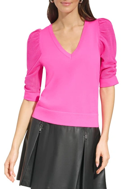 Shop Dkny Puff Sleeve Sweater In Shocking Pink