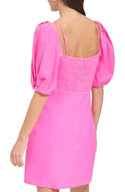 Shop Dkny Puff Sleeve Linen Blend Sheath Dress In Shocking Pink