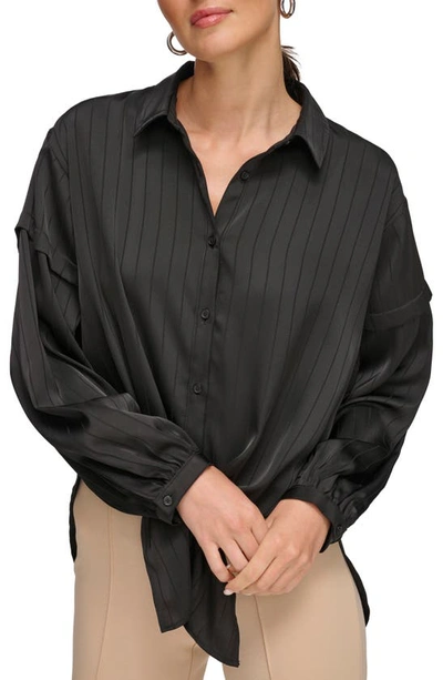 Shop Dkny Stripe Jacquard Tie Hem Button-up Shirt In Black