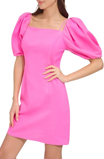 Shop Dkny Puff Sleeve Linen Blend Sheath Dress In Shocking Pink