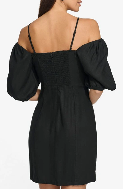 Shop Dkny Puff Sleeve Linen Blend Sheath Dress In Black