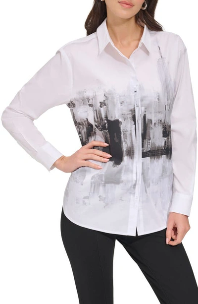 Shop Dkny Cityscape Graphic Stretch Cotton Button-up Shirt In White/ Black/ Grey Multi