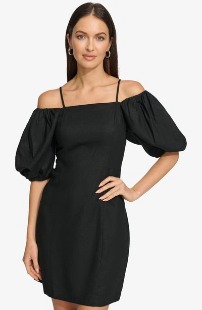 Shop Dkny Puff Sleeve Linen Blend Sheath Dress In Black