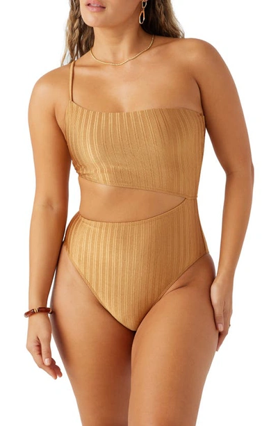 Shop O'neill Mizi Agadir Metallic Rib One-shoulder One-piece Swimsuit In Brown Sugar