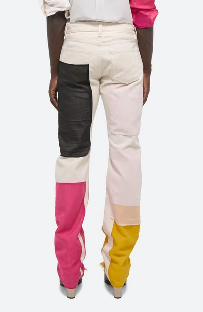 Shop Helmut Lang Colorblock Distressed Silk Chiffon Panel Straight Leg Jeans In Cream Multi