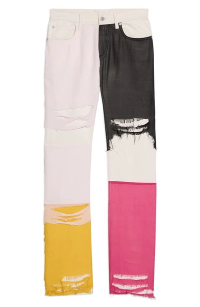 Shop Helmut Lang Colorblock Distressed Silk Chiffon Panel Straight Leg Jeans In Cream Multi