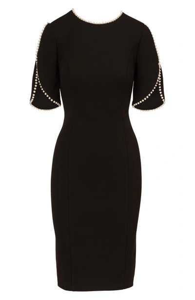 Adrianna Papell Imitation Pearl Detail Crepe Sheath Dress In Black