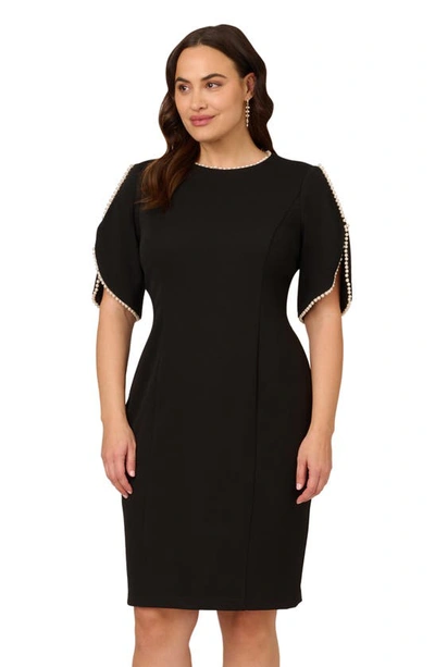 Adrianna Papell Imitation Pearl Detail Crepe Sheath Dress In Black