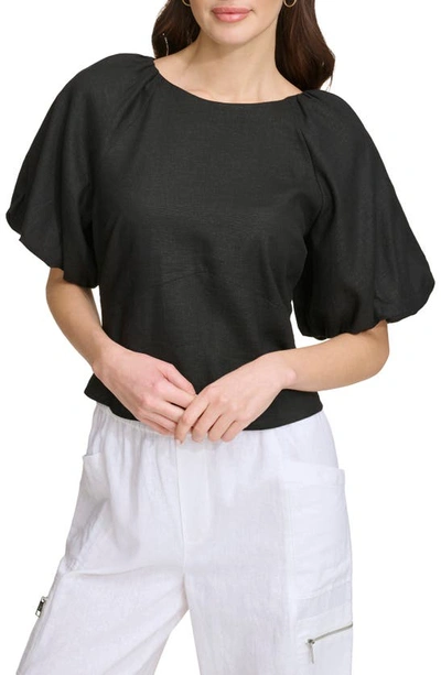Shop Dkny Sportswear Puff Sleeve Linen Blend Top In Black