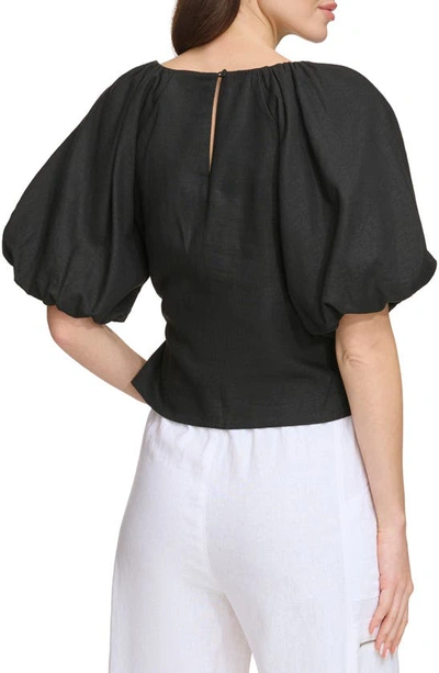 Shop Dkny Sportswear Puff Sleeve Linen Blend Top In Black