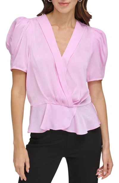 Shop Dkny Sportswear Puff Sleeve Peplum Satin Top In Pink Cloud