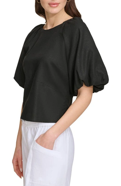 Shop Dkny Sportswear Dkny Puff Sleeve Linen Blend Top In Black