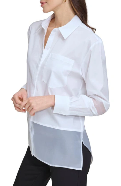 Shop Dkny Sportswear Mixed Media Button-up Shirt In White