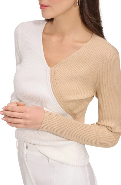 Shop Dkny Sportswear Two-tone Rib Sweater In Ivory/ Sandalwood