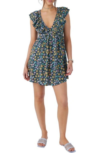 Shop O'neill Zaina Floral Ruffle Babydoll Minidress In Teal Multi Colored