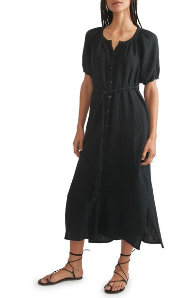 Shop Marine Layer Belted Double Cloth Midi Shirtdress In Black