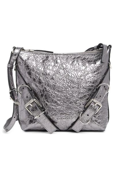 Shop Givenchy Small Voyou Crinkled Metallic Leather Shoulder Bag In Silvery Grey