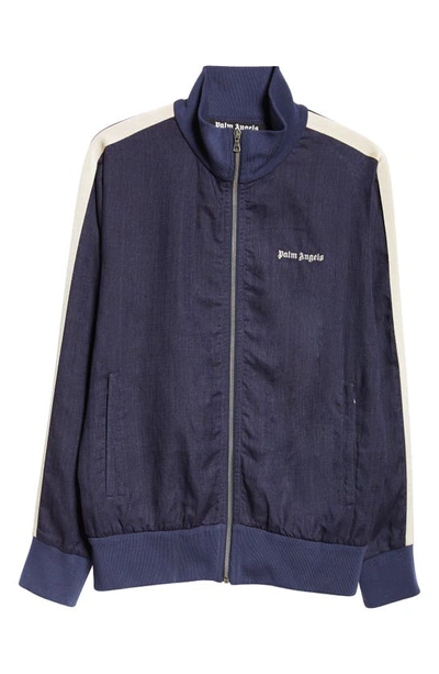 Shop Palm Angels Classic Logo Linen Track Jacket In Navy Blue