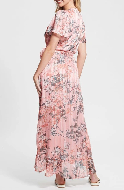 Shop Guess New Juna Metallic Floral Print Wrap Dress In Pink
