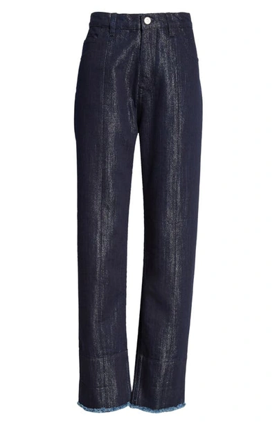 Shop Victoria Beckham Shimmer High Waist Raw Hem Tapered Jeans In Indigo/ Silver