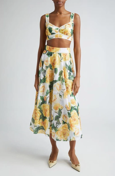Dolce & Gabbana Sequined Midi Circle Skirt With Yellow Rose Print In White Floral