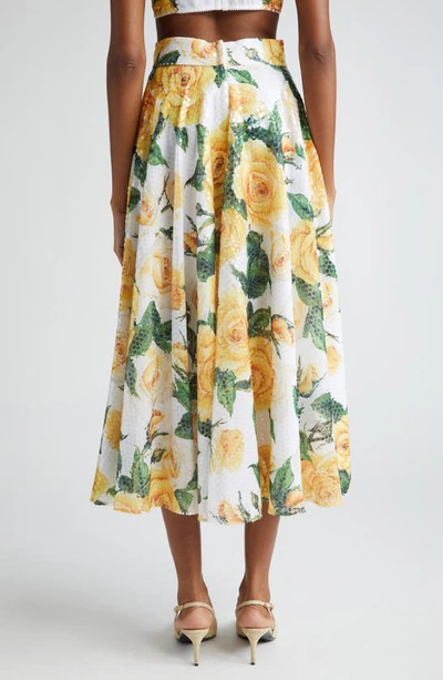 Dolce & Gabbana Sequined Midi Circle Skirt With Yellow Rose Print In White Floral
