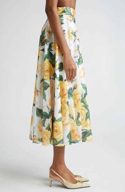 Dolce & Gabbana Sequined Midi Circle Skirt With Yellow Rose Print In White Floral